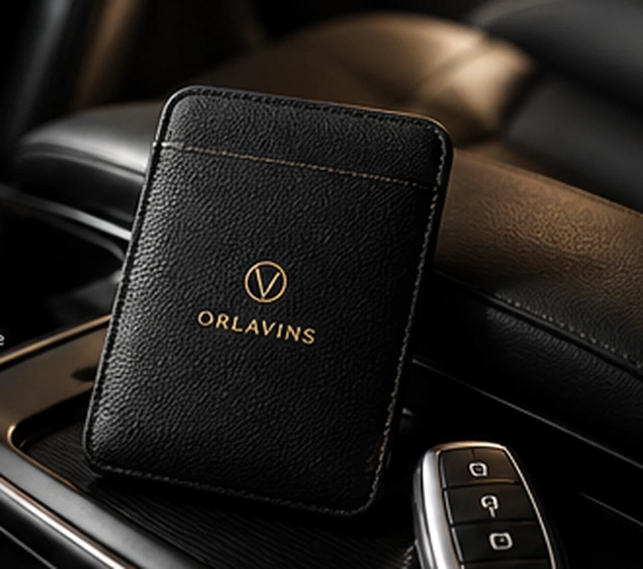 The ORLAVINS pouch on a leather armrest beside a keyless car key fob