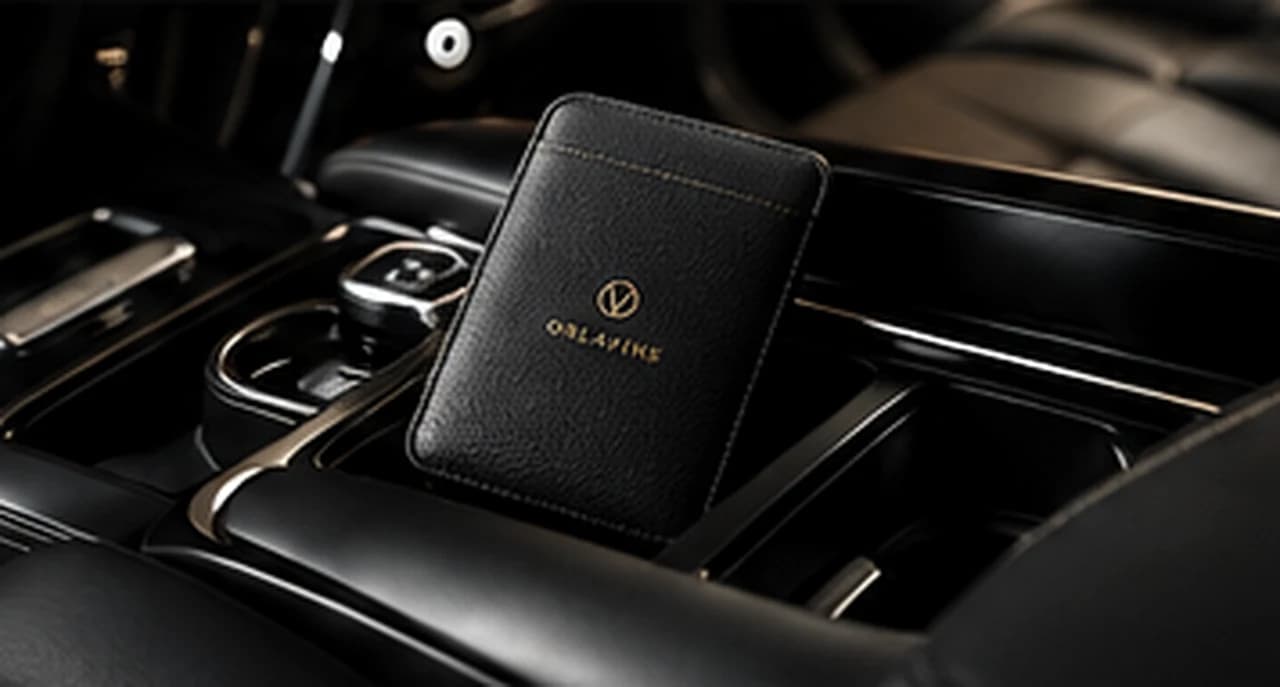 The ORLAVINS pouch resting in the centre console of a car