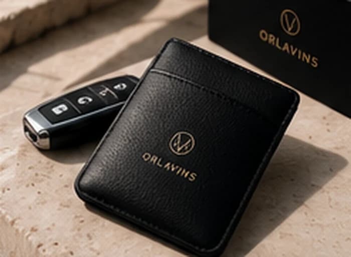 The ORLAVINS pouch lying on a stone ledge beside a car key fob and its presentation box